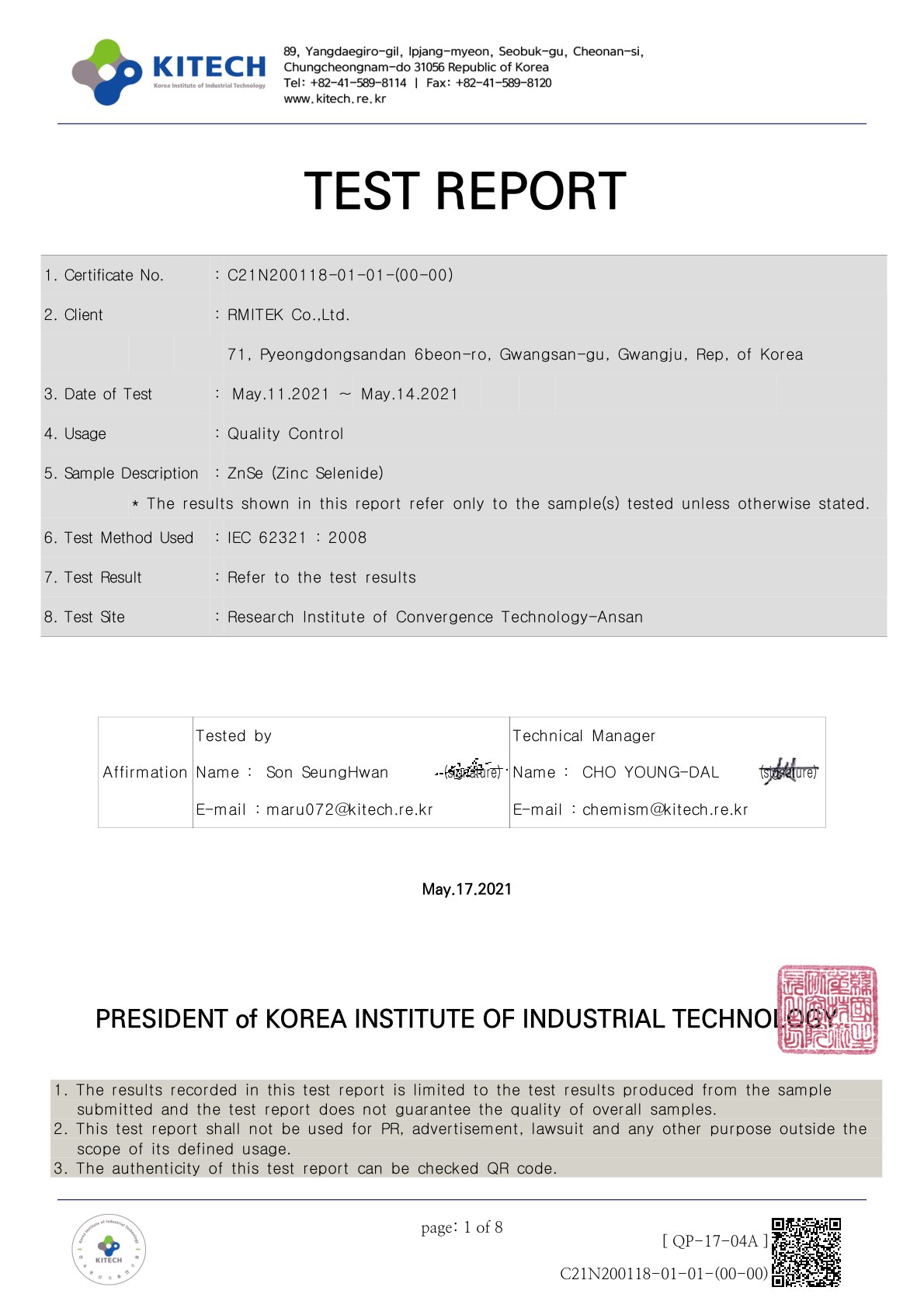 KITECH RoHS2 test report for ZnSe, IEC 62321