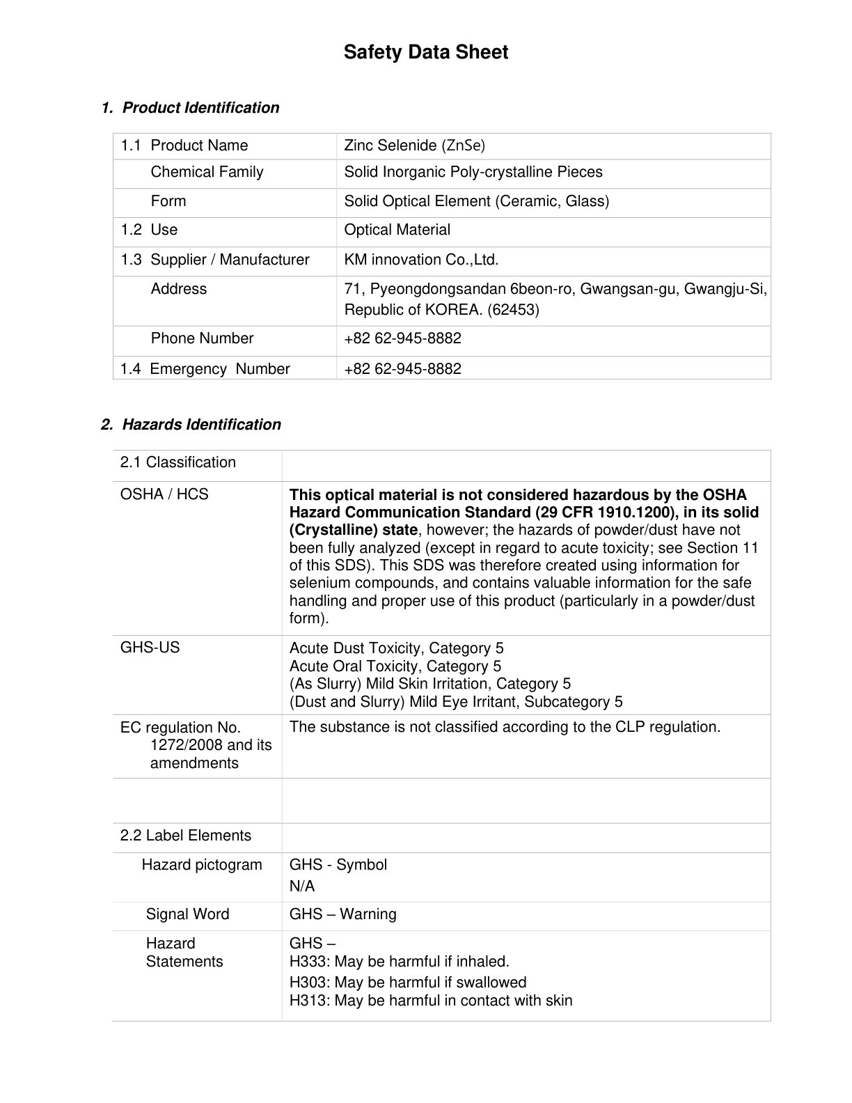 KM Innovation Zinc Selenide safety data sheet
